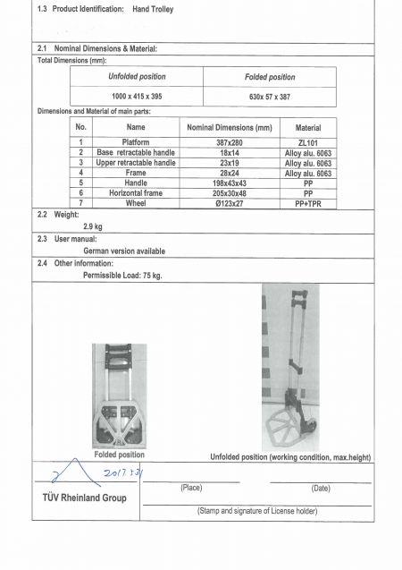 Hand Truck Loading 75 KG GS Test Report